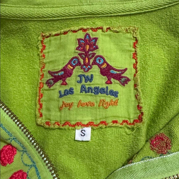 Johnny Was Embroidered Floral Half Sleeve Zipper Hoodie Lime Green Bohemian-S - Picture 8 of 9